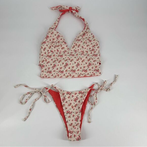 Seamolly Reversible Ditsy Floral & Polka Dot Halter Tie Side Tankini Set | Small - Picture 2 of 8